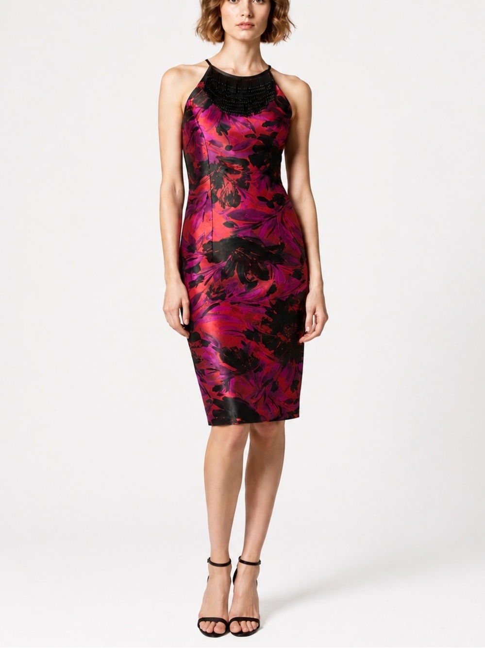 Carmen Marc Valvo Beaded Fringe Neckline Dress Floral Brocade Cocktail Size 2